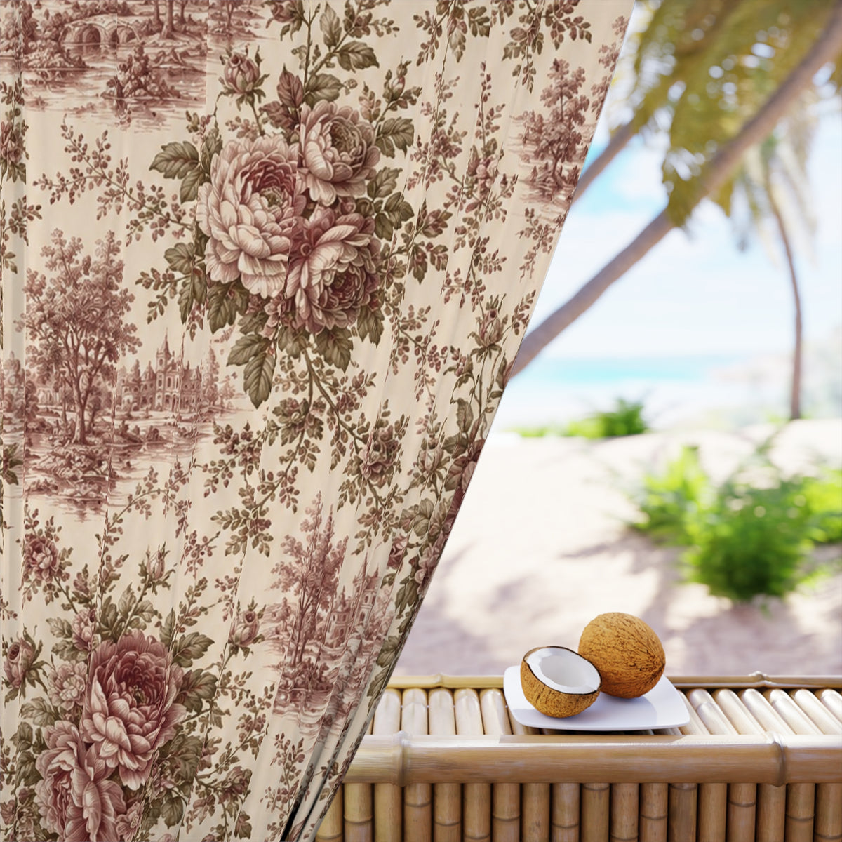 Toile de Jouy Floral Long Window Black Out Curtain, Botanical Scenic Vintage Dusty Rose Burgundy Curtain, French Country Shabby Chic Chateaucore