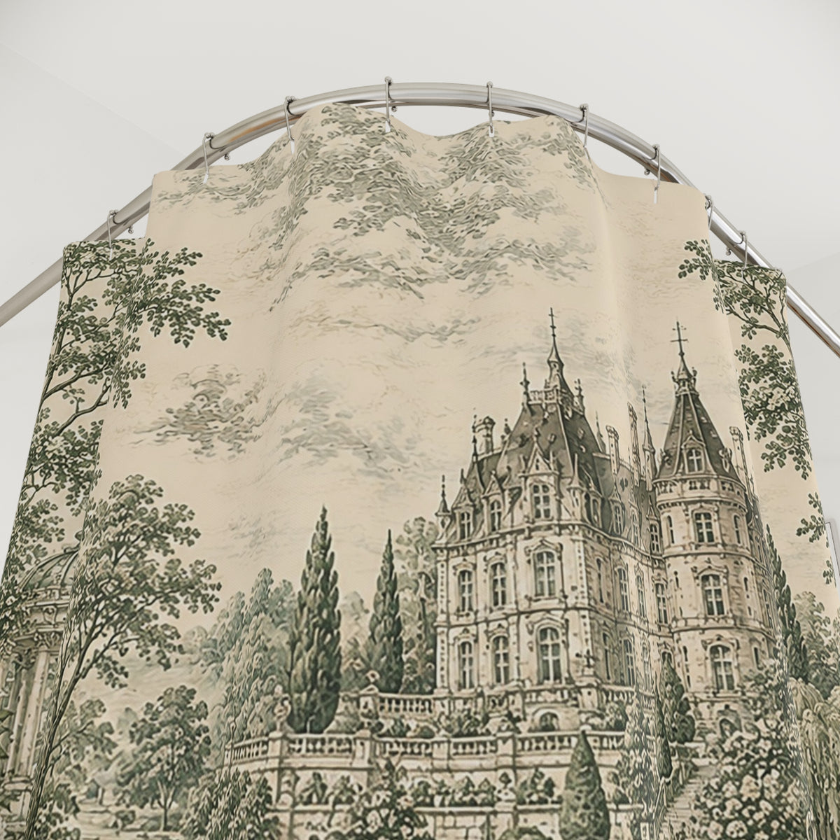 Sage Green French Toile Shower Curtain – Chateau Garden Swans – French Country Chateaucore Bathroom Decor