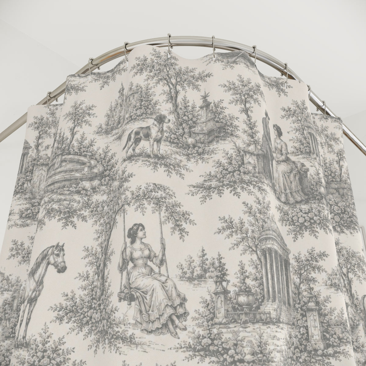 Nickel Gray French Toil de Jouy Shower Curtain, Victorian Bathroom Decor, Vintage Country Cottage, Shabby Chic, Farmhouse, Housewarming Gift