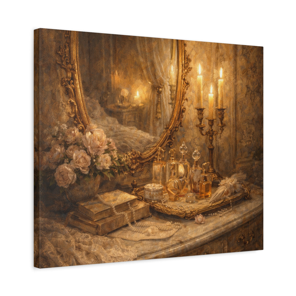 French Country Perfume Vanity Canvas Wall Art Print, Chateaucore Floral Wall Hanging Decor, Victorian Romantic Home Decor, Gift Mom Grandma