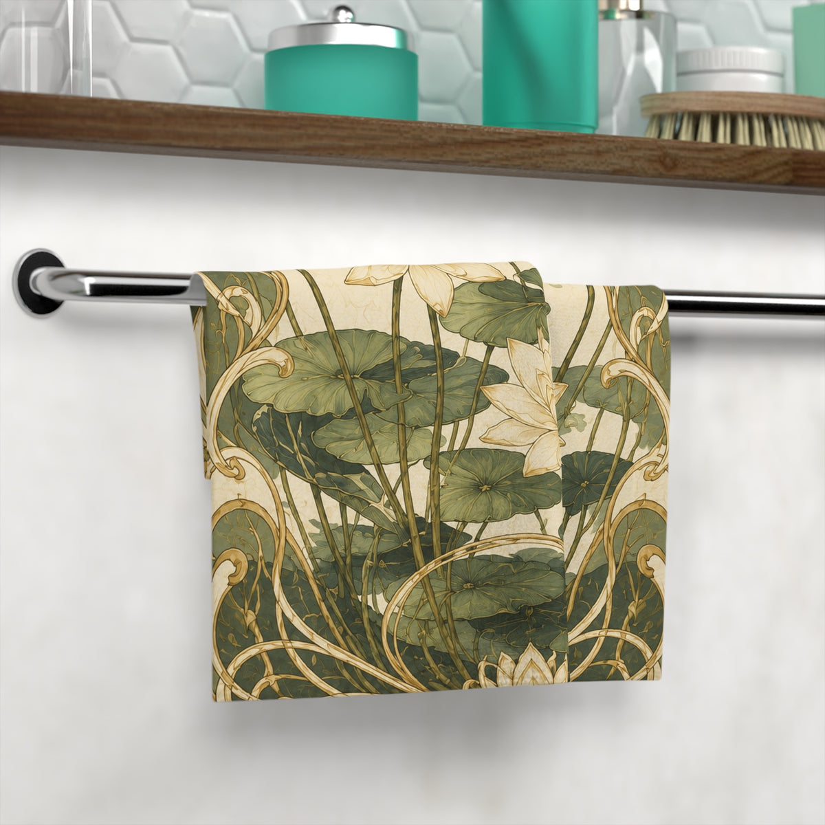 Art Nouveau Water Lily Washcloth, Vintage Botanical Floral Face Cloth Bathroom Decor, French Country Chateaucore Green Ivory Accent