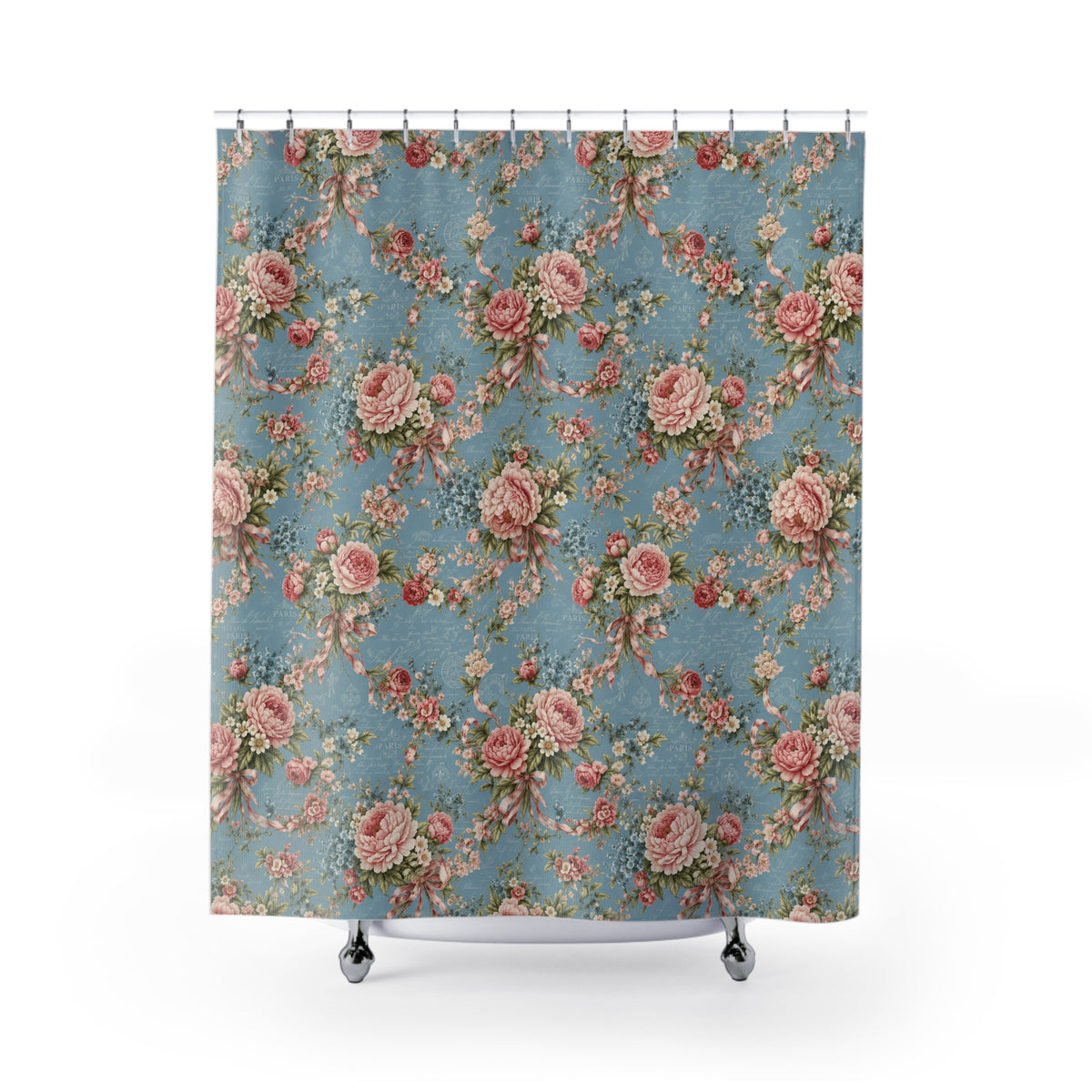 Pink Peonies Ribbons Blue Floral Fabric Shower Curtain, Victorian Bathroom, Chateaucore French Country Cottage, Shabby Chic Bath Decor
