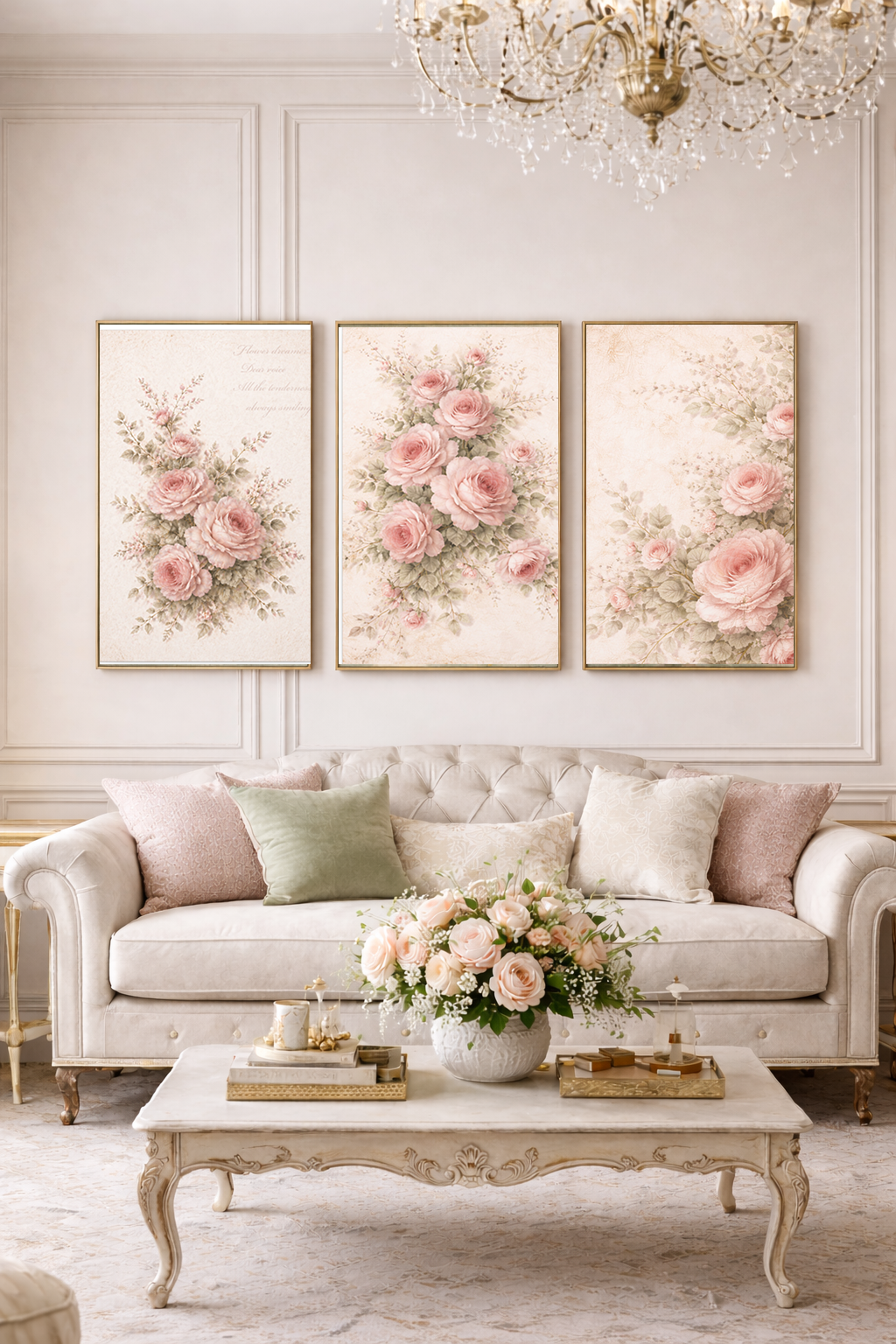 Matching 3-Piece Canvas Set, Chateaucore Blush Pink Roses Bouquet Canvas, French Country Bedroom, Romantic Living Room, Housewarming Gift