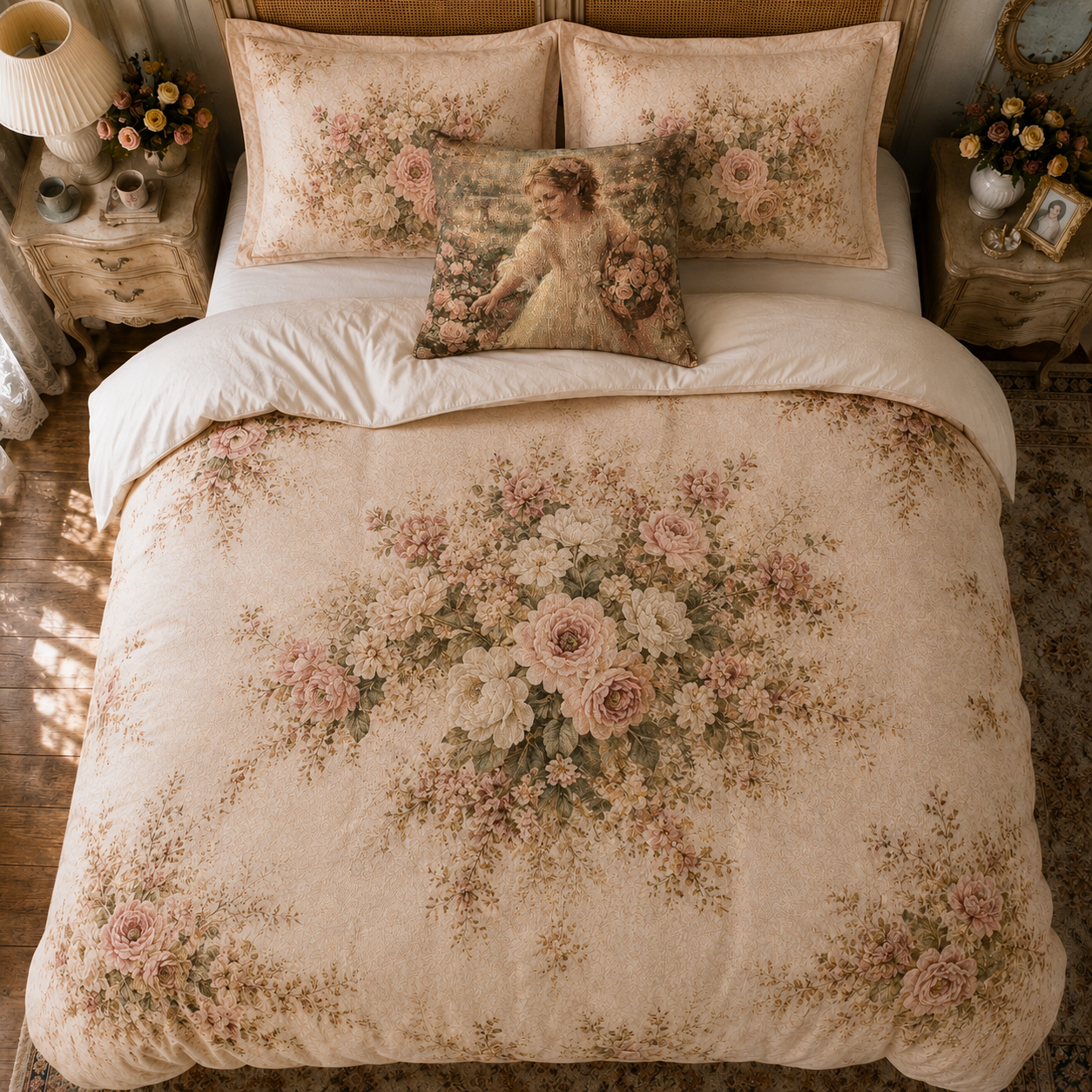 Cotton Chateaucore Soft Rose Bouquet 100% Cotton Comforter | Shabby Chic French Country Pink Peonies Roses Medallion