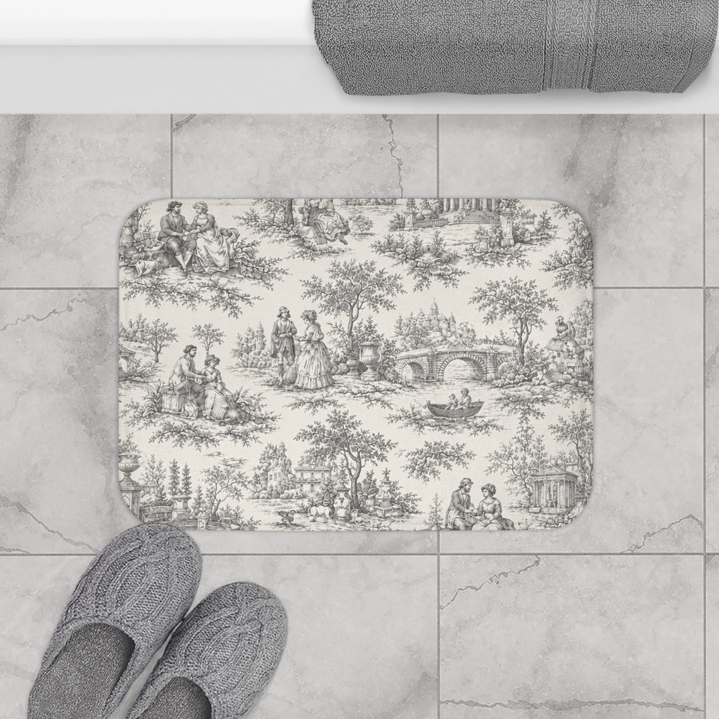 Nickel Gray and Ivory Toile de Jouy Memory Foam Bathmat, French Country Soft Neutral Bathroom Throw Rug, Shabby Chic Victorian Shower
