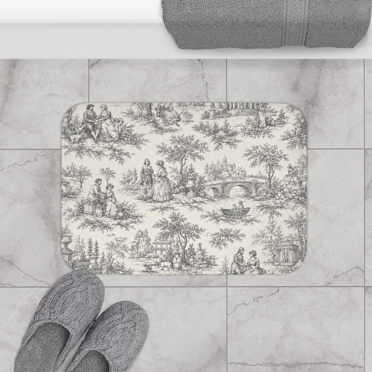 Nickel Gray and Ivory Toile de Jouy Memory Foam Bathmat, French Country Soft Neutral Bathroom Throw Rug, Shabby Chic Victorian Shower