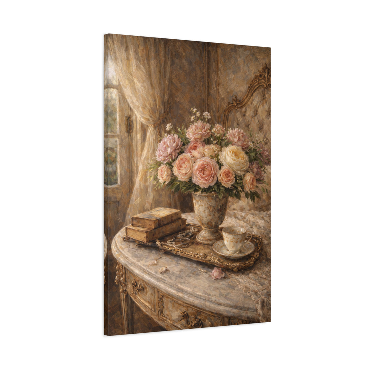 French Country Books Roses Canvas Wall Art Print, Chateaucore Floral Wall Hanging Decor, Victorian Romantic Home Decor, Gift Mom Grandma