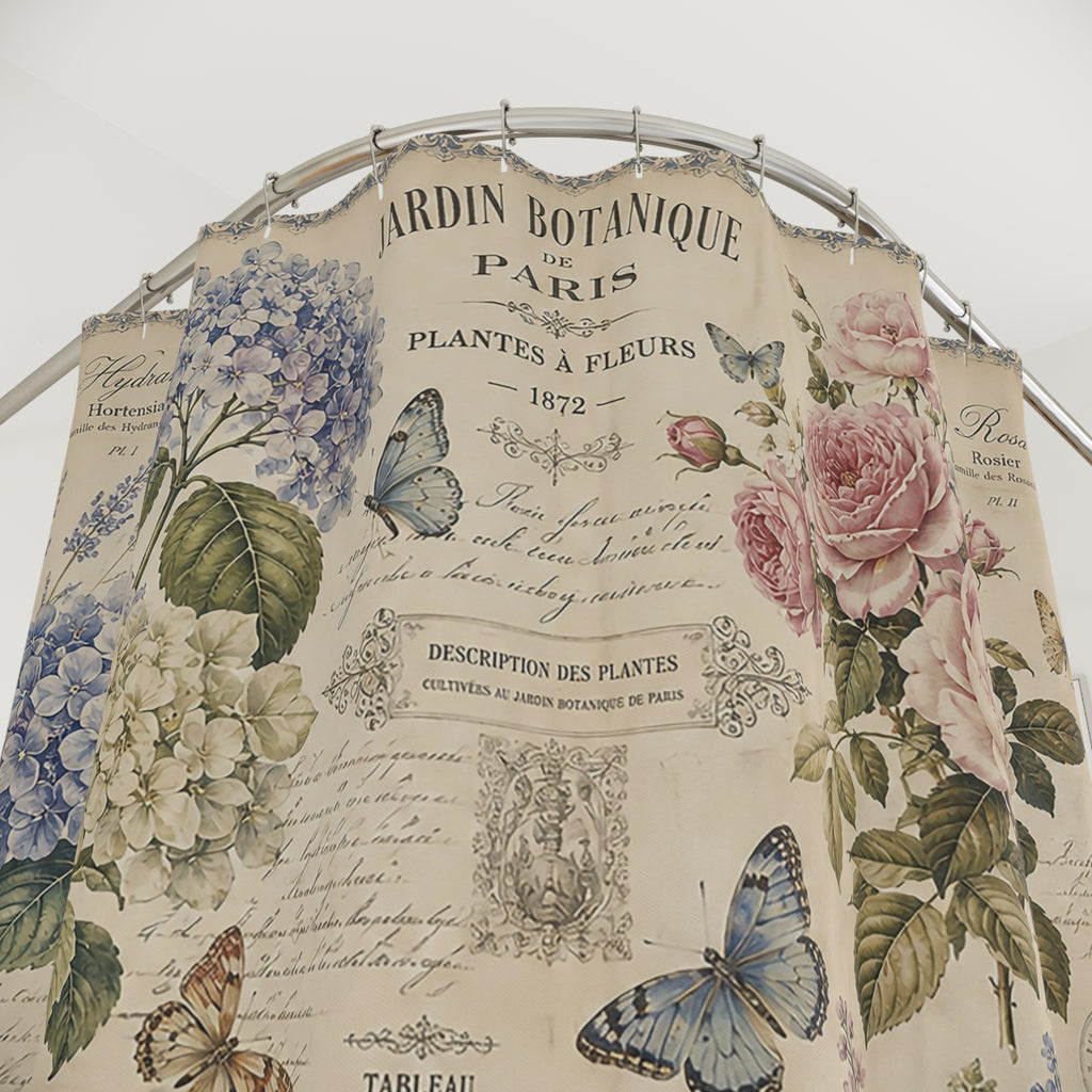 French Botanical Script Fabric Shower Curtain, Hydrangea Roses Peonies Butterflies, Vintage Floral French Country Bathroom
