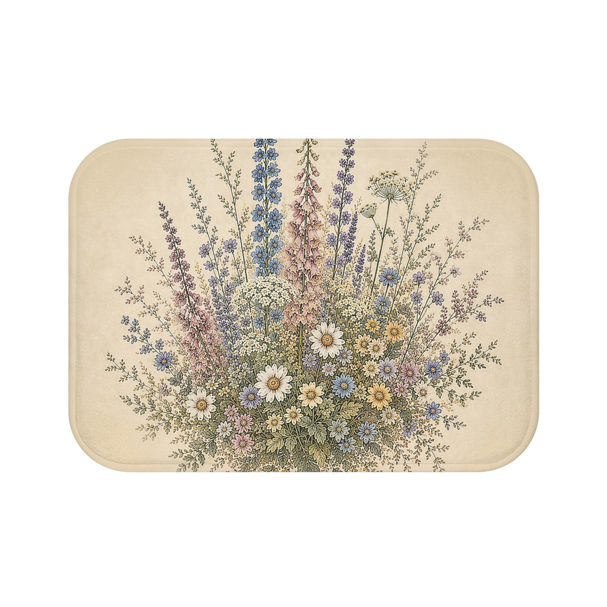Wildflower Memory Foam Bathmat, Cottagecore Bathroom, Botanical Bath Rug | Pink Foxglove & Blue Delphinium | French Country Bathroom Decor