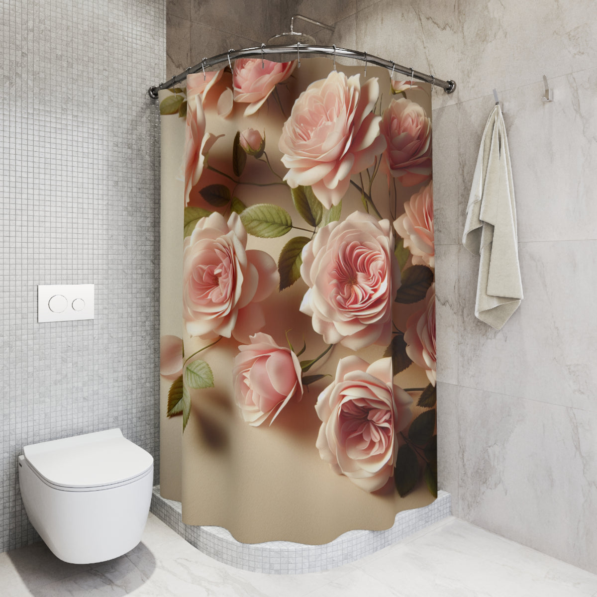Pink Rose Shower Curtain – French Country Chateaucore Floral Bathroom Decor – Romantic Shabby Chic 71×74