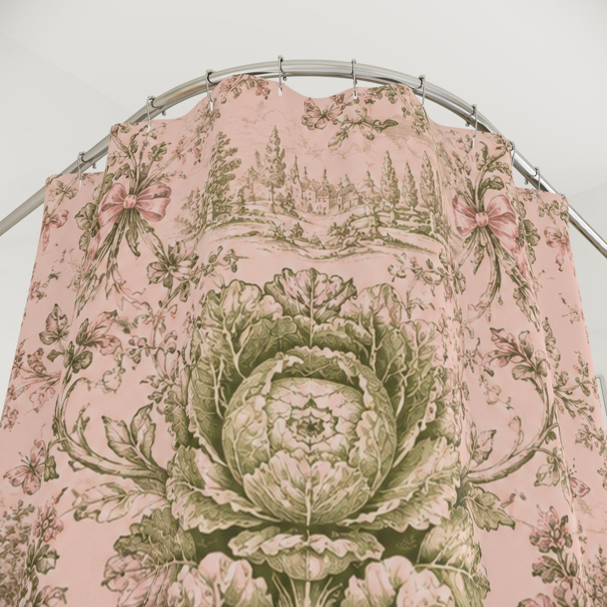 Pink Coquette Cabbage Shower Curtain, French Toile Bathroom Decor, Cottagecore Grandmillennial Bath Curtain, Romantic Botanical Bathroom
