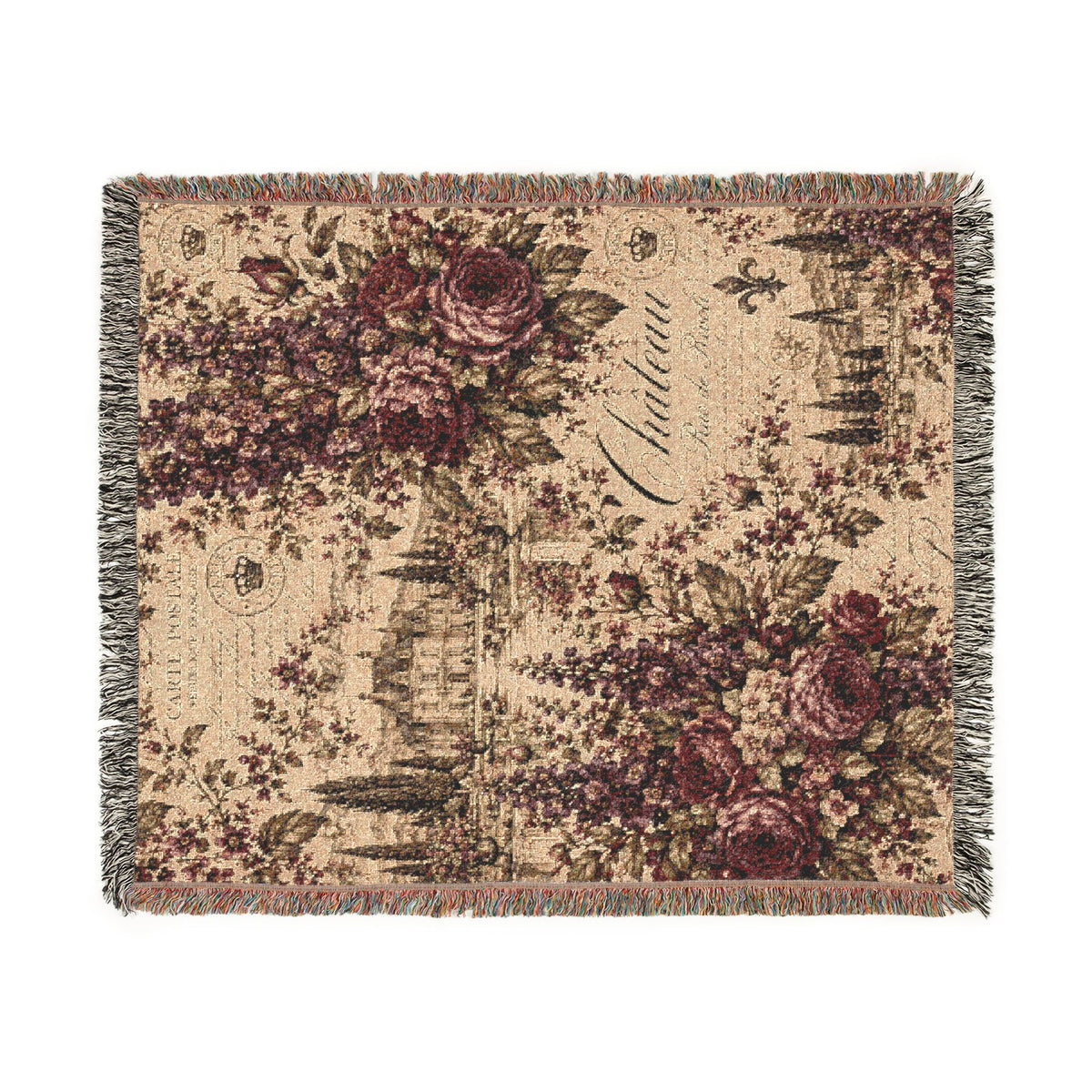 Delphinium French Script Woven Throw Blanket – Merlot Plum Vintage Tapestry Chateaucore Floral Fringed Decorative Quilt