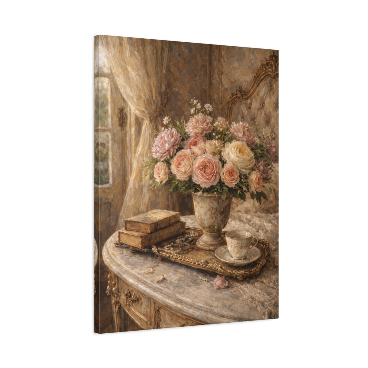 French Country Books Roses Canvas Wall Art Print, Chateaucore Floral Wall Hanging Decor, Victorian Romantic Home Decor, Gift Mom Grandma