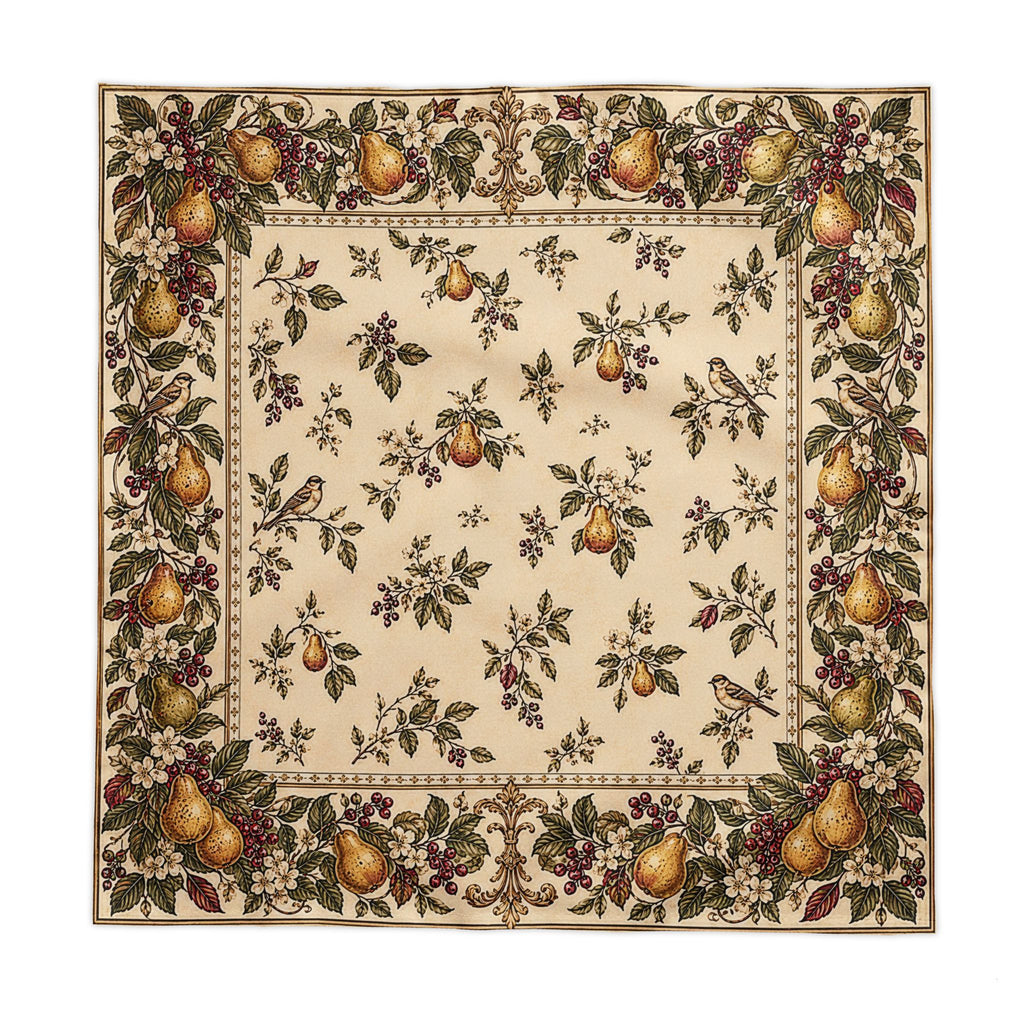 French Pear Orchard Tablecloth Dining Linen Botanical Border with Golden Pears, Victorian Burgundy Berries & Songbirds