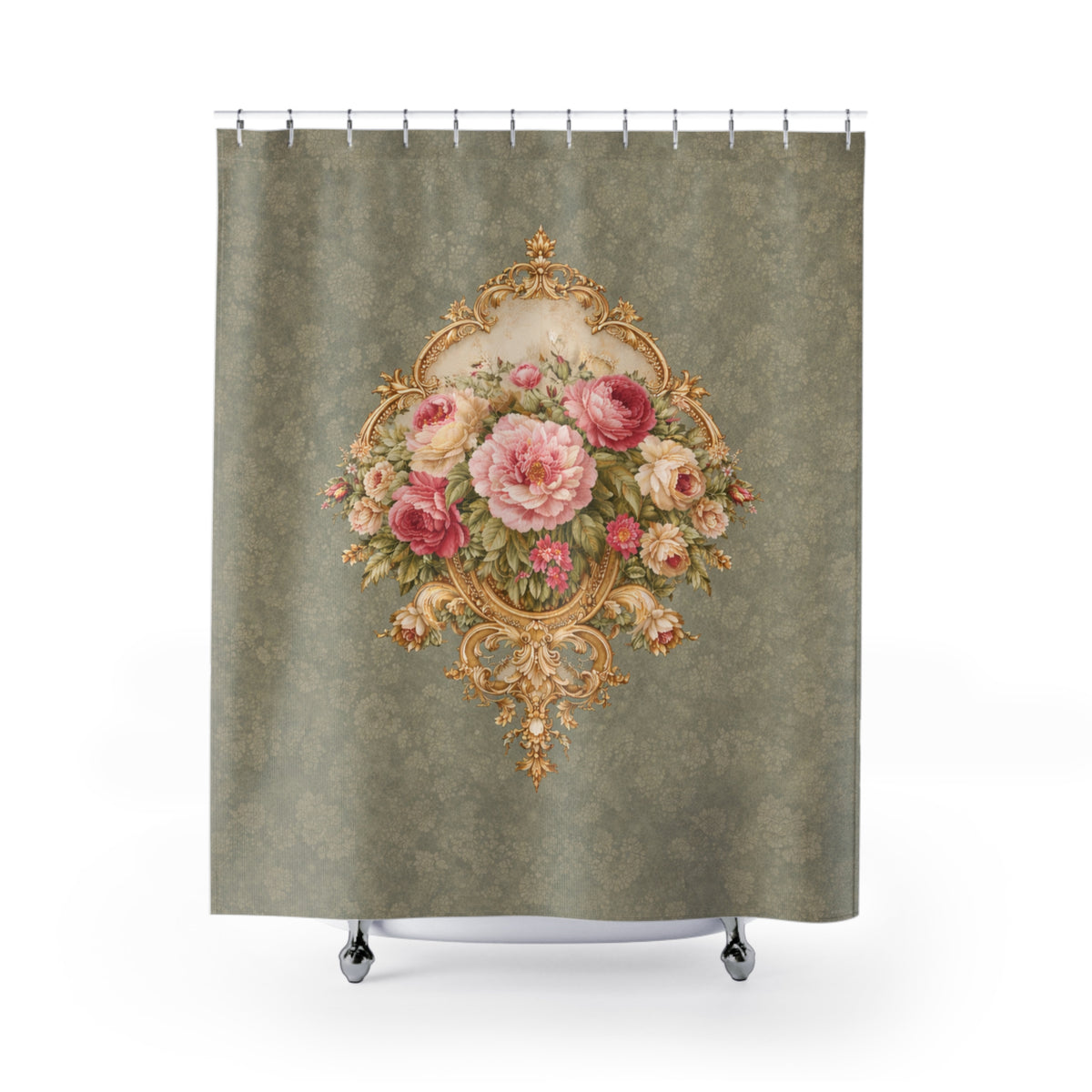 Green Pink Gold Rose Floral Shower Curtain, Victorian Bathroom Decor Vintage French Country Cottage Shabby Chic Home, Housewarming Gift