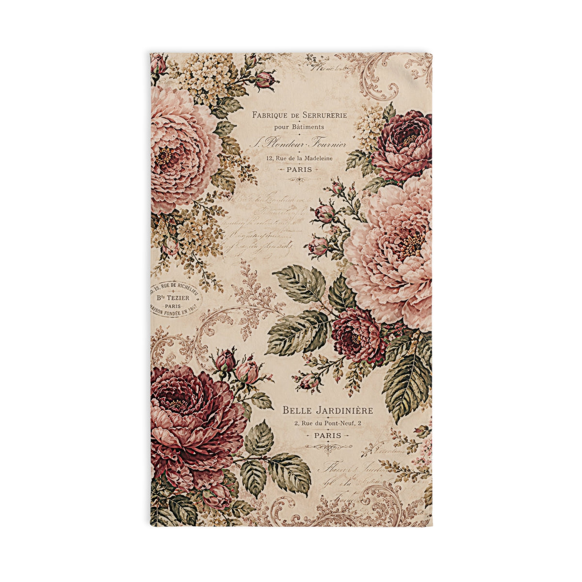 Vintage French Rose Hand Towel – Burgundy & Blush Floral Script Paris Botanical, Victorian Chateaucore Romantic Country Shabby Chic Bathroom Decor