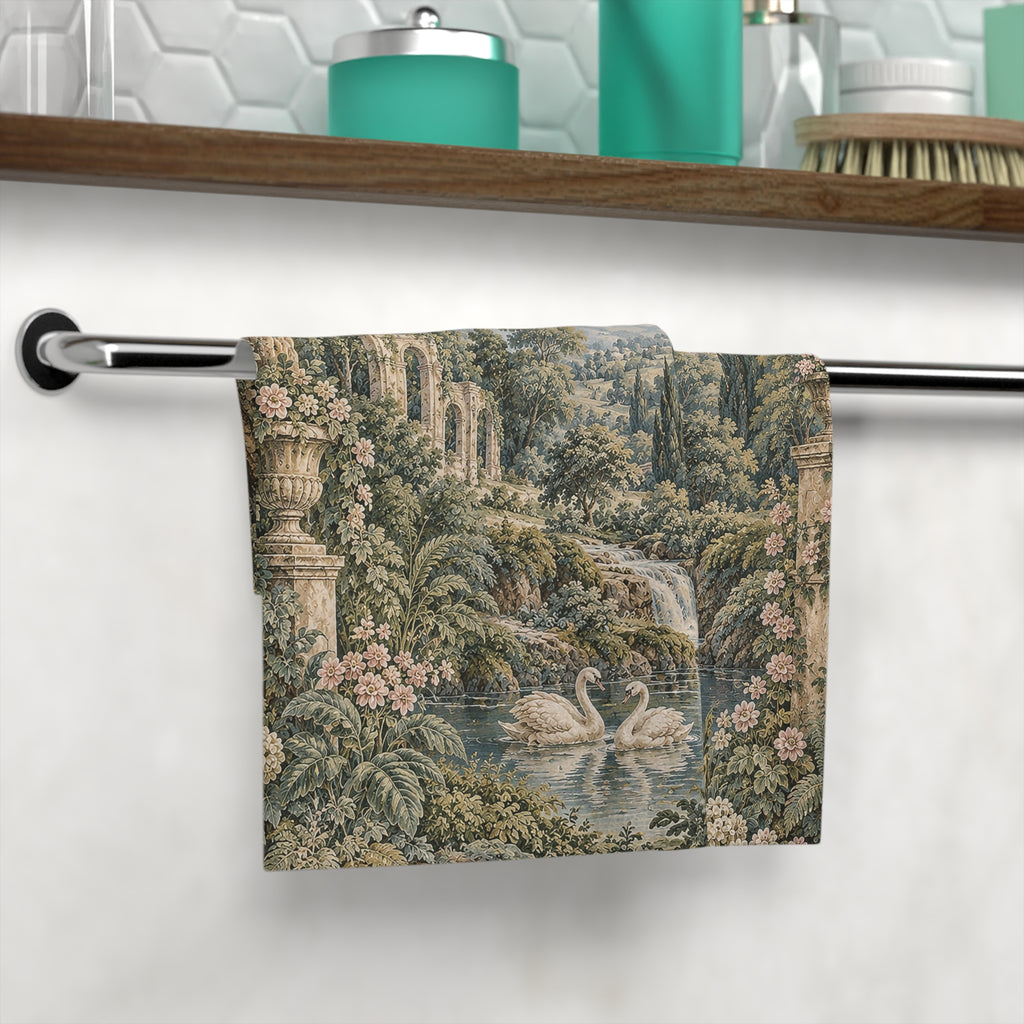 Romantic Swan Lake Face Towel — Vintage Garden Scenic Washcloth