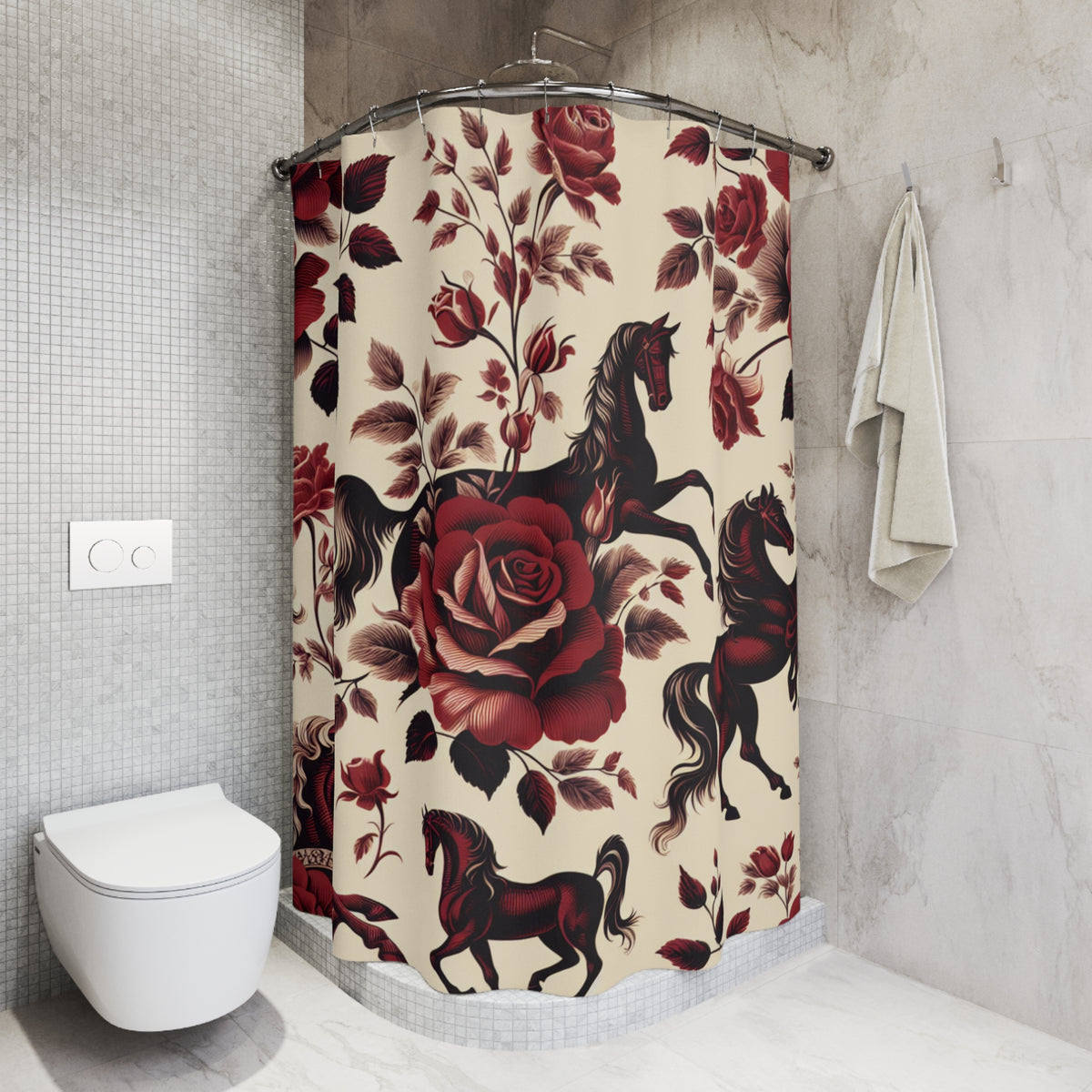 Red Rose Horse French Toil Floral Fabric Shower Curtain, Victorian Bathroom Decor, Vintage Romantic Equestrian Country Shabby Chic