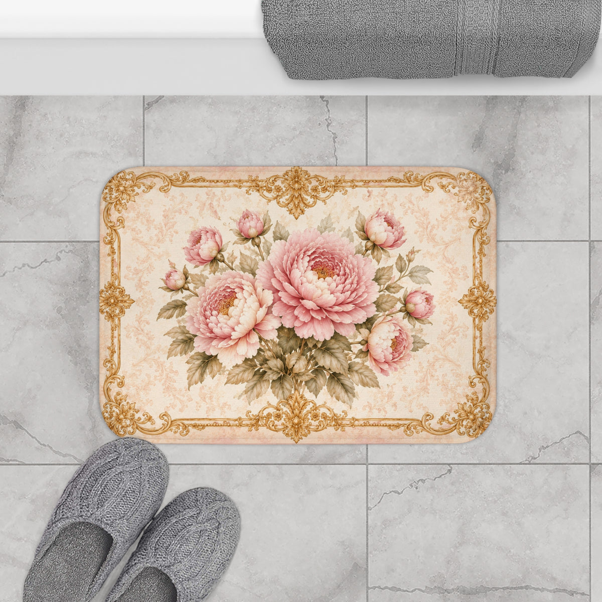 Pink Peony Memory Foam Bath Mat, Victorian Rococo Gold Floral Anti-Slip Bathroom Rug, French Country Chateaucore Shabby Chic Vintage Decor