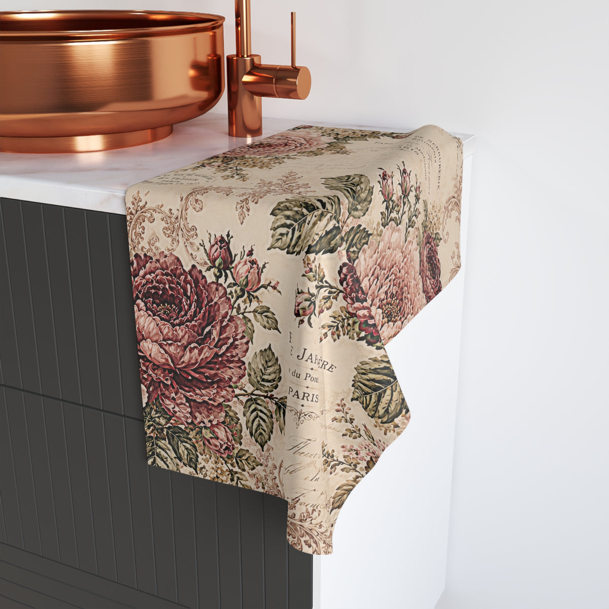 Vintage French Rose Hand Towel – Burgundy & Blush Floral Script Paris Botanical, Victorian Chateaucore Romantic Country Shabby Chic Bathroom Decor