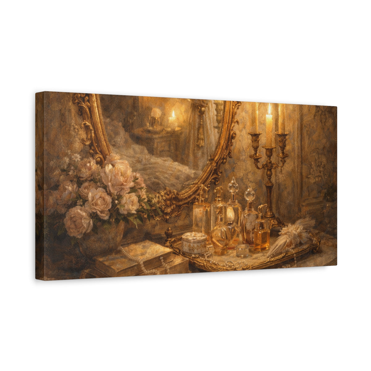 French Country Perfume Vanity Canvas Wall Art Print, Chateaucore Floral Wall Hanging Decor, Victorian Romantic Home Decor, Gift Mom Grandma