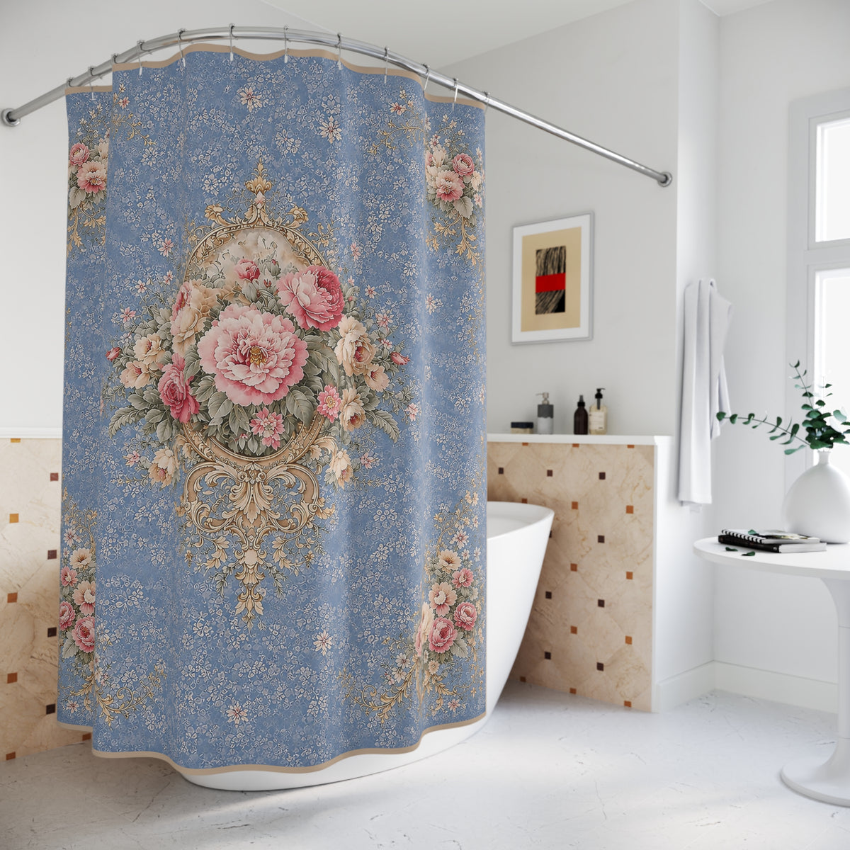 Chateaucore Blue Soft Pink Roses Floral Shower Curtain, Victorian Rococo Bathroom Decor, French Country, Shabby Chic Housewarming Gift