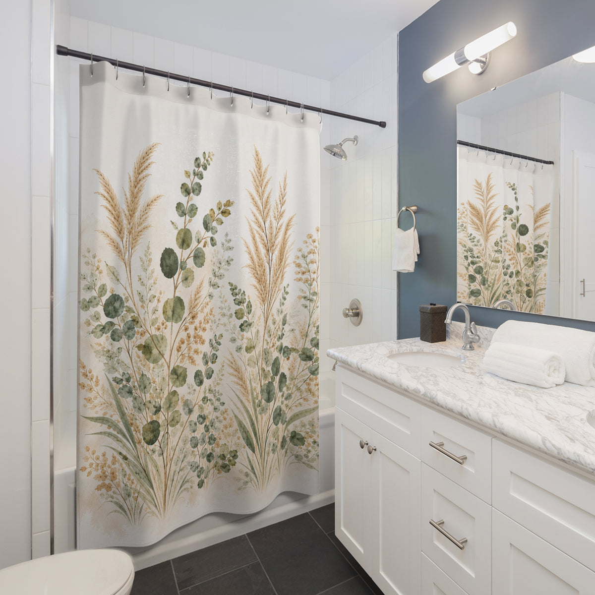 Eucalyptus & Pampas Grass Shower Curtain – Sage Green Botanical Spa Bathroom Decor, Neutral French Country Cottage Style