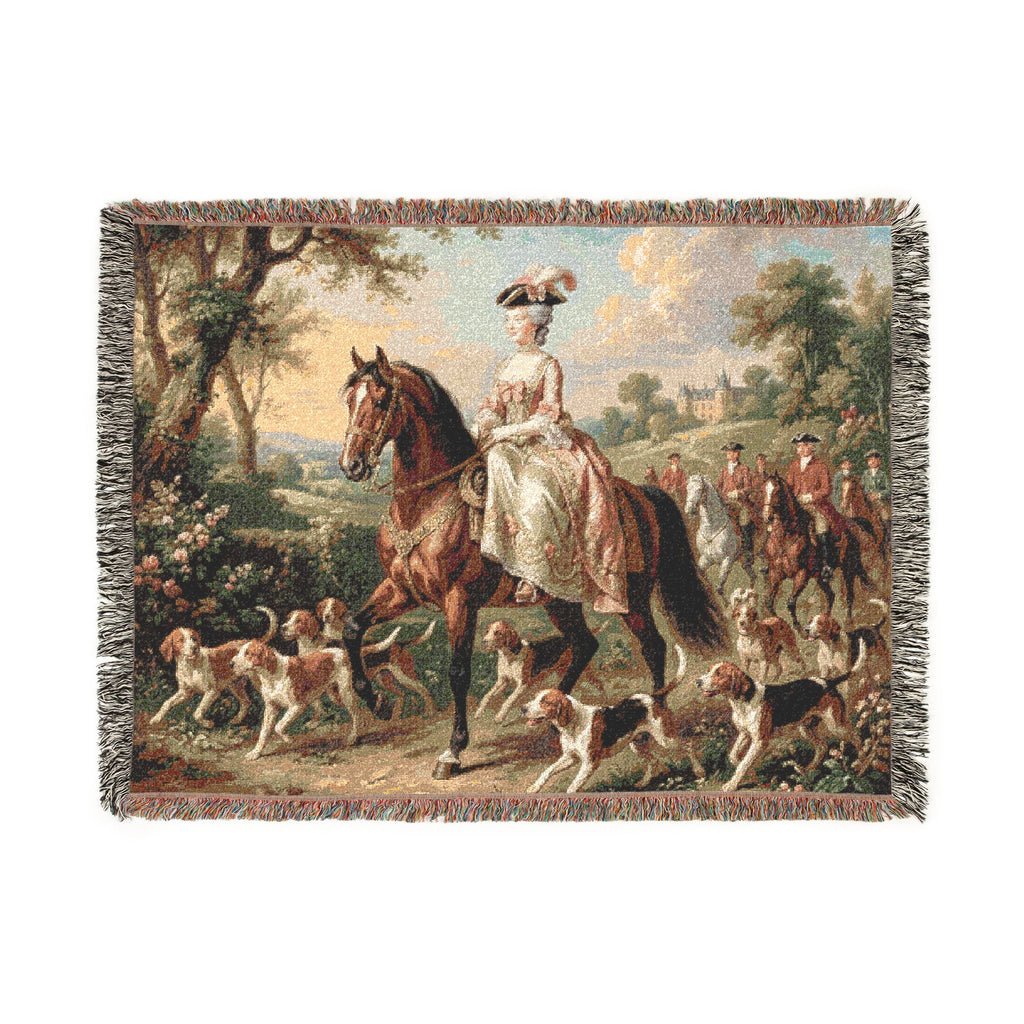 The Chateau Equestrian Hunt Woven Tapestry Blanket – Victorian Horseback Riding Scene, French Country Wall Hanging, English Manor & Grandmillennial Decor