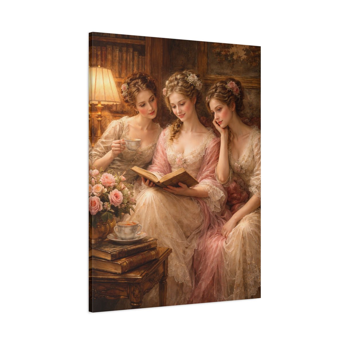 Victorian Pink Ladies Reading Nook Roses Canvas Wall Art Print, Women Wall Hanging Decor, Vintage Bookish Lady, Bedroom Decor, Gift for Her