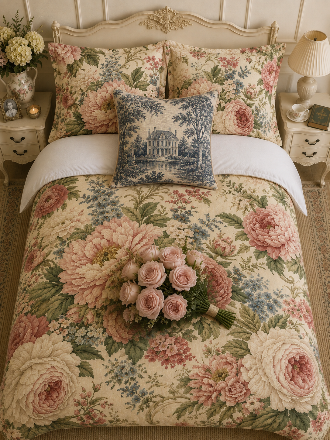 Cotton Chateaucore Pink Peonies Roses Comforter Set Floral Vintage Style Bedding Shabby Chic Victorian Queen King Twin French Romantic Bed