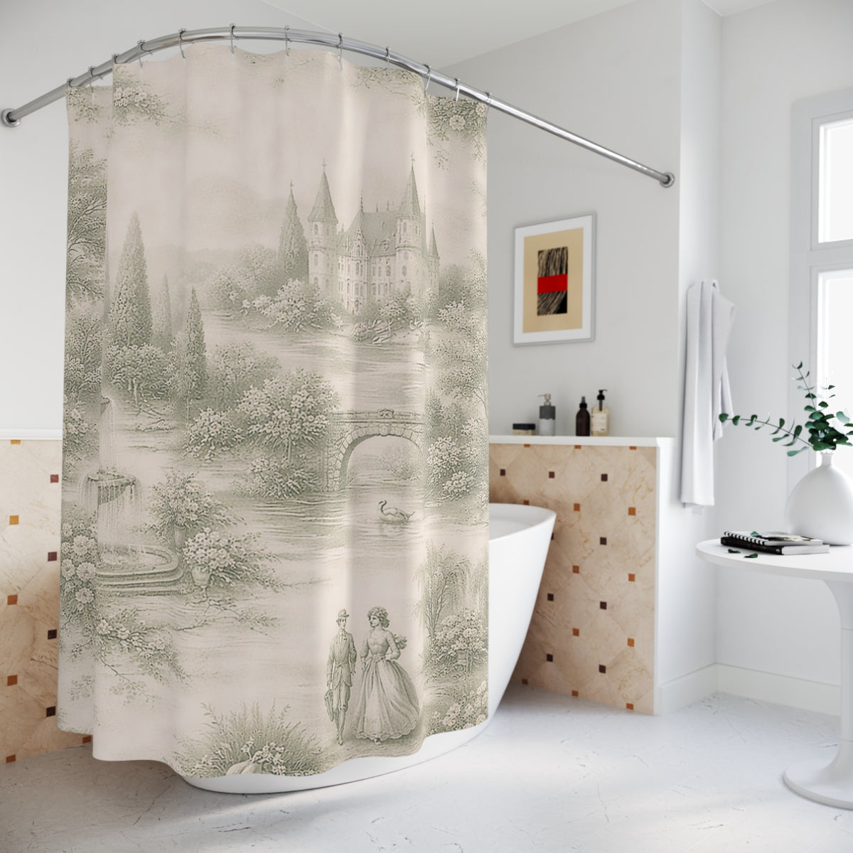 Soft Sage Toile de Joy Fabric Shower Curtain, Victorian Bathroom Decor, Chateaucore French Country Cottage, Shabby Chic, Housewarming Wedding Gift
