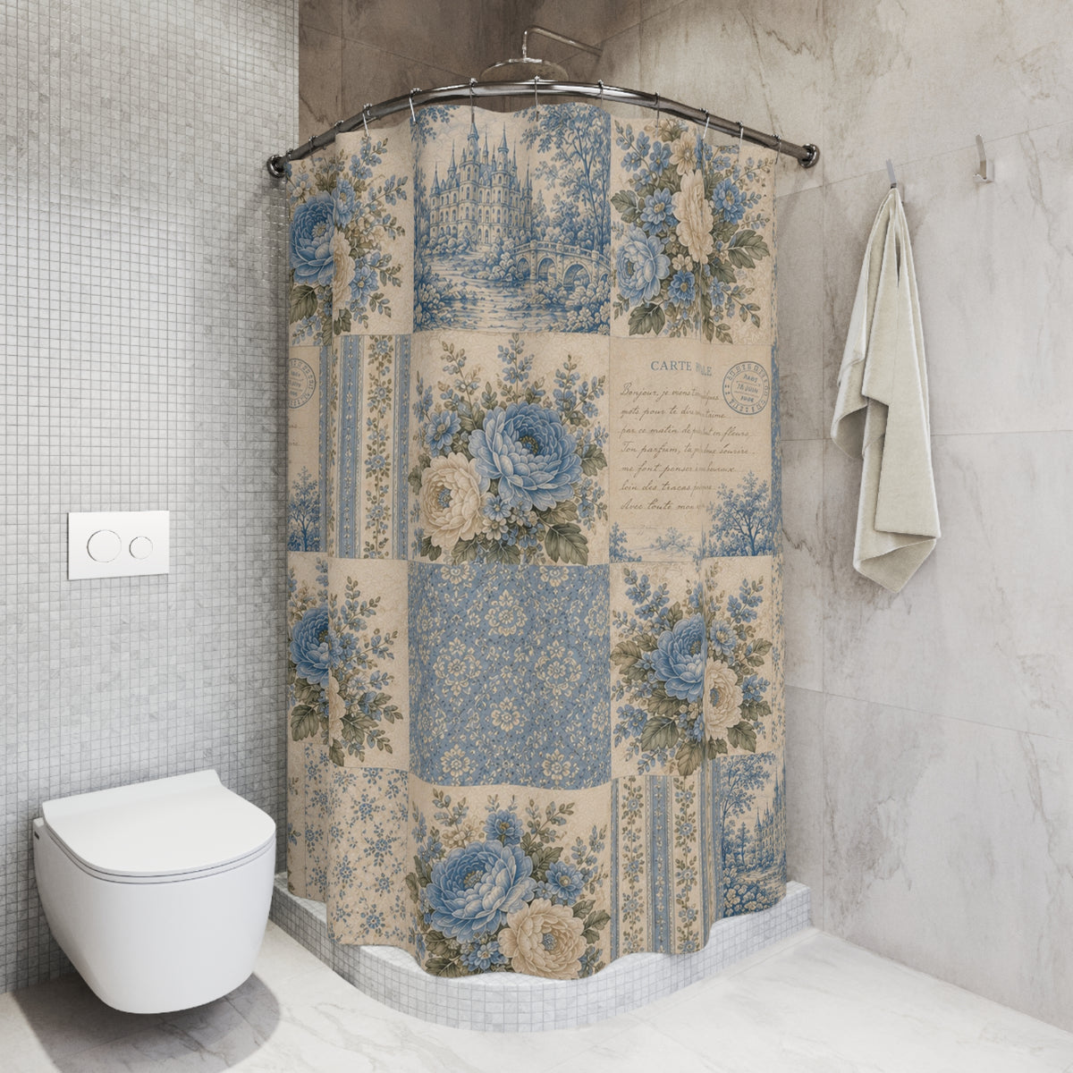 Patchwork Quilt Pastel Fabric Shower Curtain, Floral Bathroom Decor, Cottagecore Bath Bathroom, Country Farmhouse Decor, Botanical Home Gift
