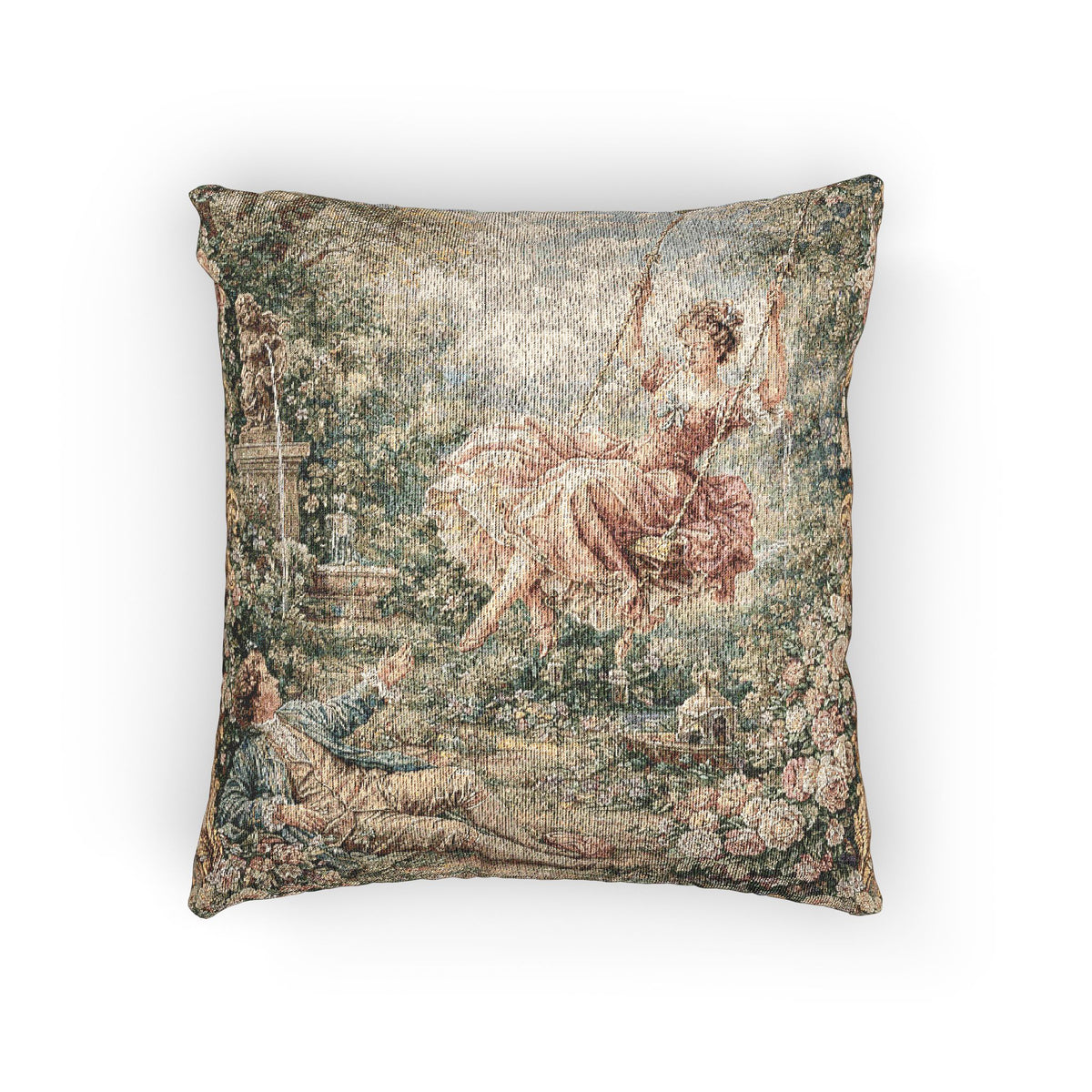 Antique Style Rococo Victorian Lady on Swing Woven Pillow, Vintage French Country Throw Pillow, Gift for Wedding, Chateaucore Layering Decor