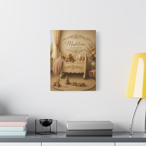 Personalized Nursery Canvas Wall Hanging – Vintage Cradle Toys Custom Name Baby Room Wall Art - Ready to Hang - Baby Shower Gift
