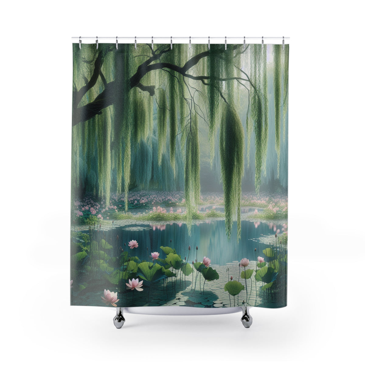 Pond Lily Pads Lotus Flower Weeping Willow Floral Fabric Shower Curtain, Bathroom Decor, Country Cottage Shabby Chic, Farmhouse Style,