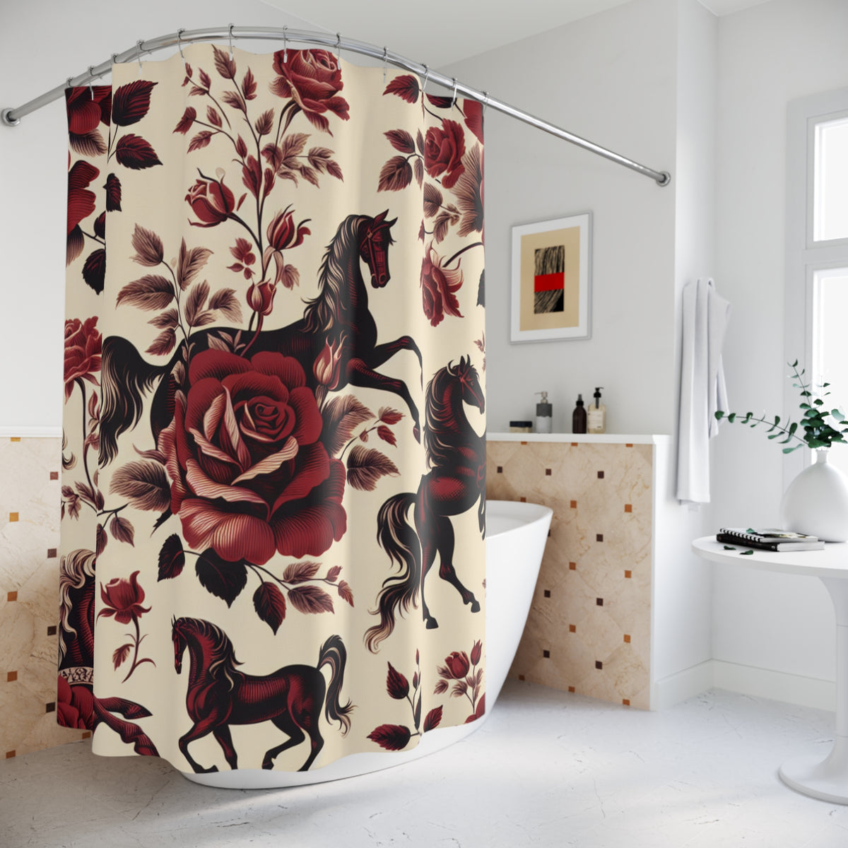 Red Rose Horse French Toil Floral Fabric Shower Curtain, Victorian Bathroom Decor, Vintage Romantic Equestrian Country Shabby Chic