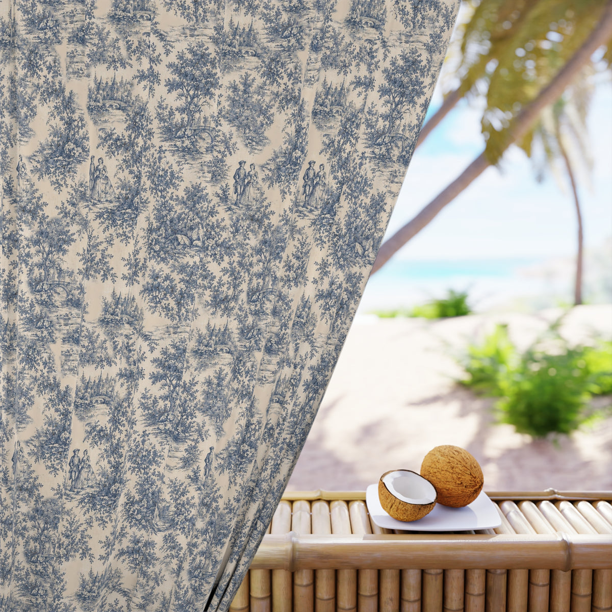 Dusty Blue Toile de Jouy Pattern Long Curtain, Botanical Scenic Vintage Toile Black Out Window Treatment, French Country Shabby Chic Chateaucore