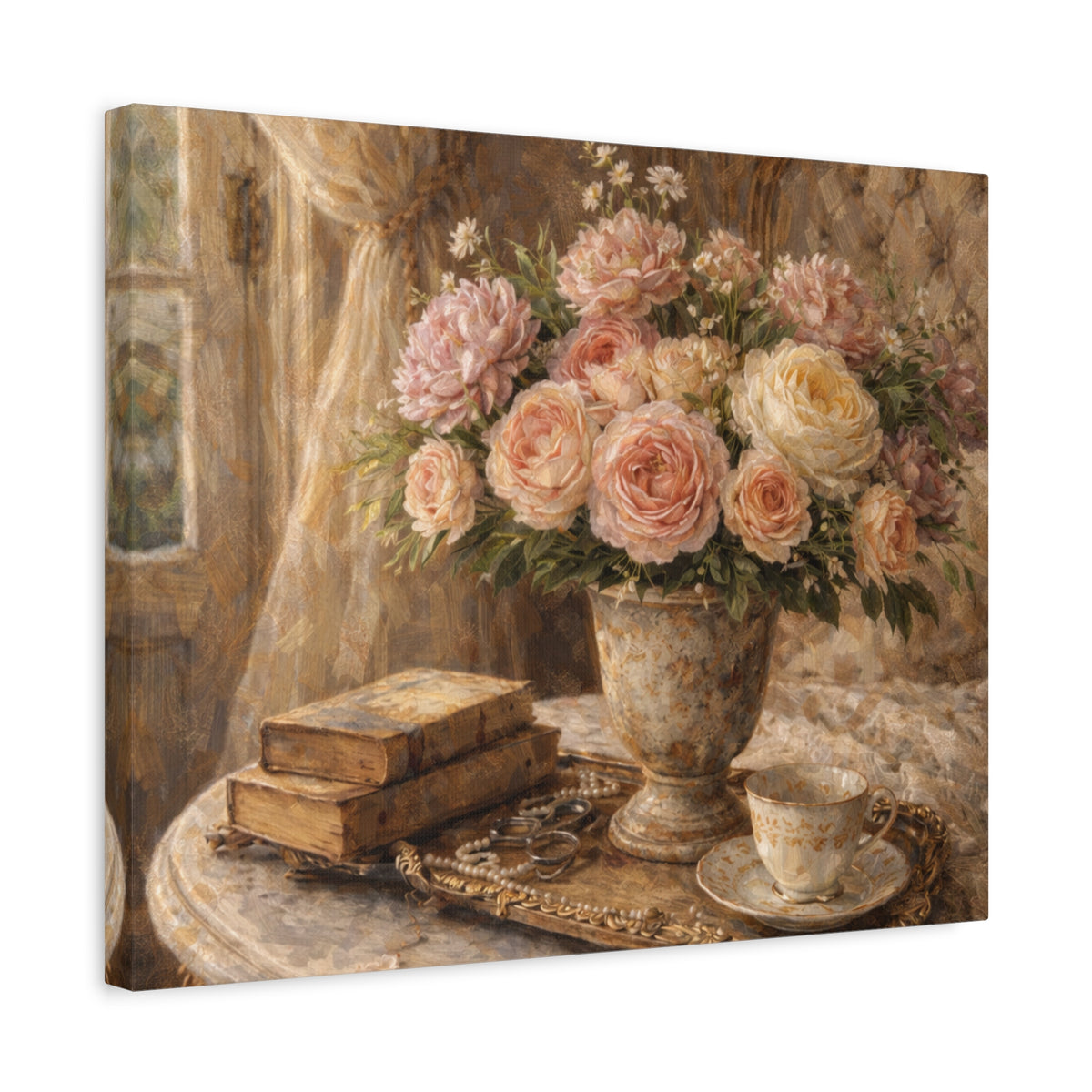 French Country Books Roses Canvas Wall Art Print, Chateaucore Floral Wall Hanging Decor, Victorian Romantic Home Decor, Gift Mom Grandma