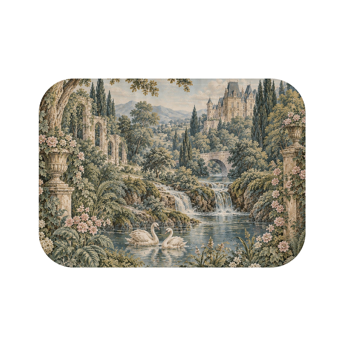 French Verdure Château Garden Memory Foam Bathmat – Vintage Green Aubusson Swans French Country Chateaucore Victorian Floral Bathroom Rug