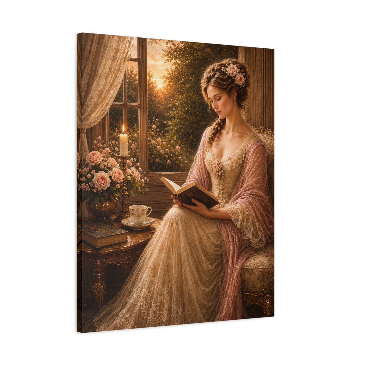 Victorian Pink Lady Reader Roses Canvas Wall Art Print, Feminine Wall Hanging Decor, Vintage 1800's Ladies, Home Decor, Gift for Her