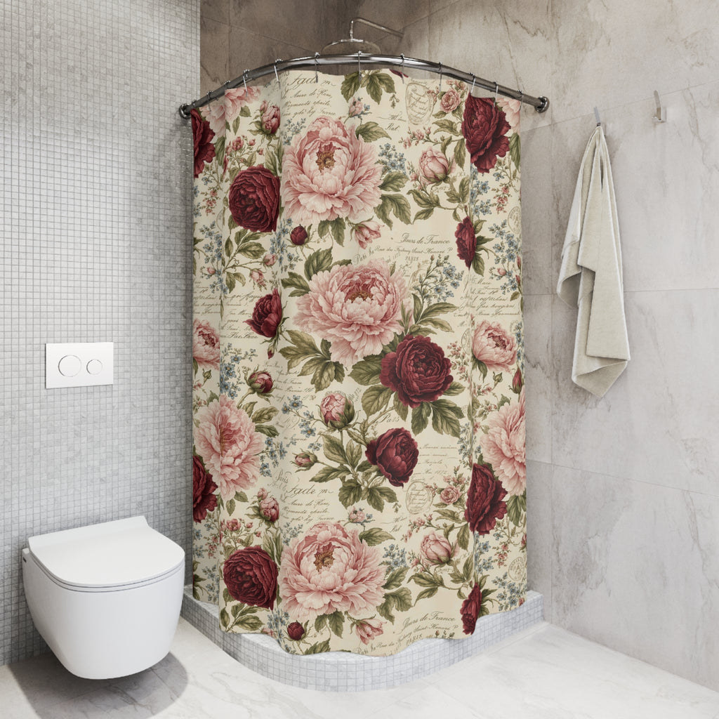 Burgundy Pink Roses French Script Floral Fabric Shower Curtain, Victorian Bathroom, French Country Cottage, Shabby Chic Bath