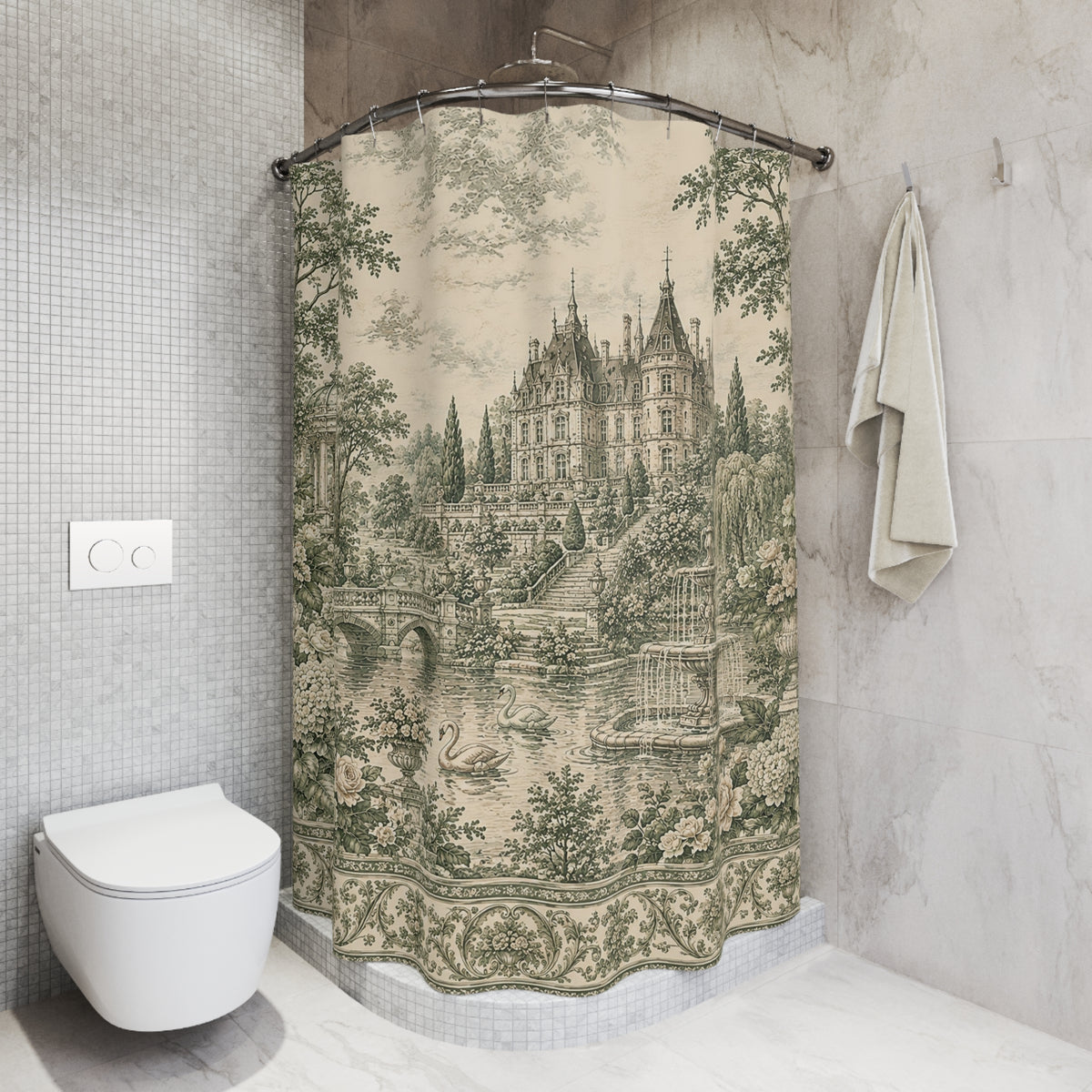 Sage Green French Toile Shower Curtain – Chateau Garden Swans – French Country Chateaucore Bathroom Decor