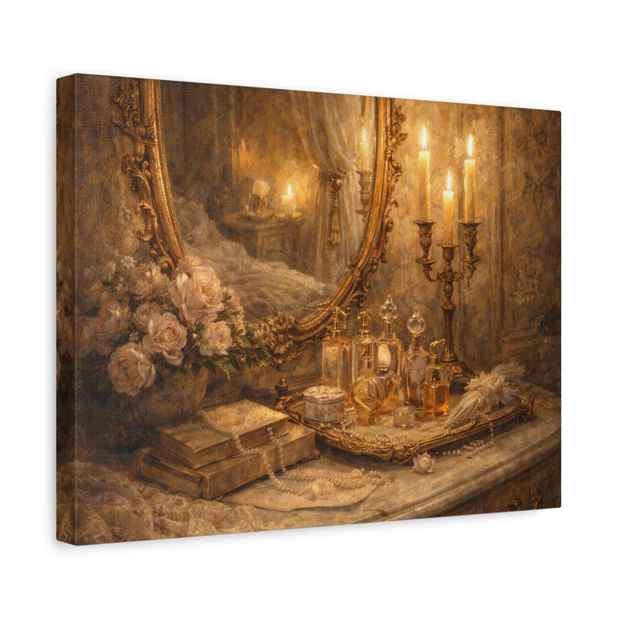 French Country Perfume Vanity Canvas Wall Art Print, Chateaucore Floral Wall Hanging Decor, Victorian Romantic Home Decor, Gift Mom Grandma