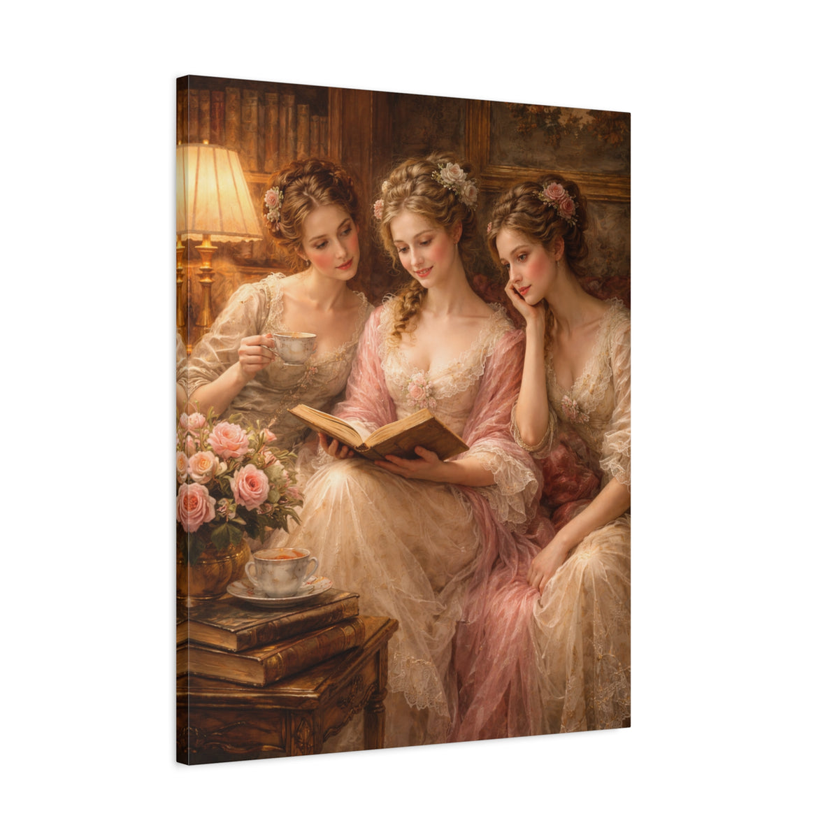 Victorian Pink Ladies Reading Nook Roses Canvas Wall Art Print, Women Wall Hanging Decor, Vintage Bookish Lady, Bedroom Decor, Gift for Her