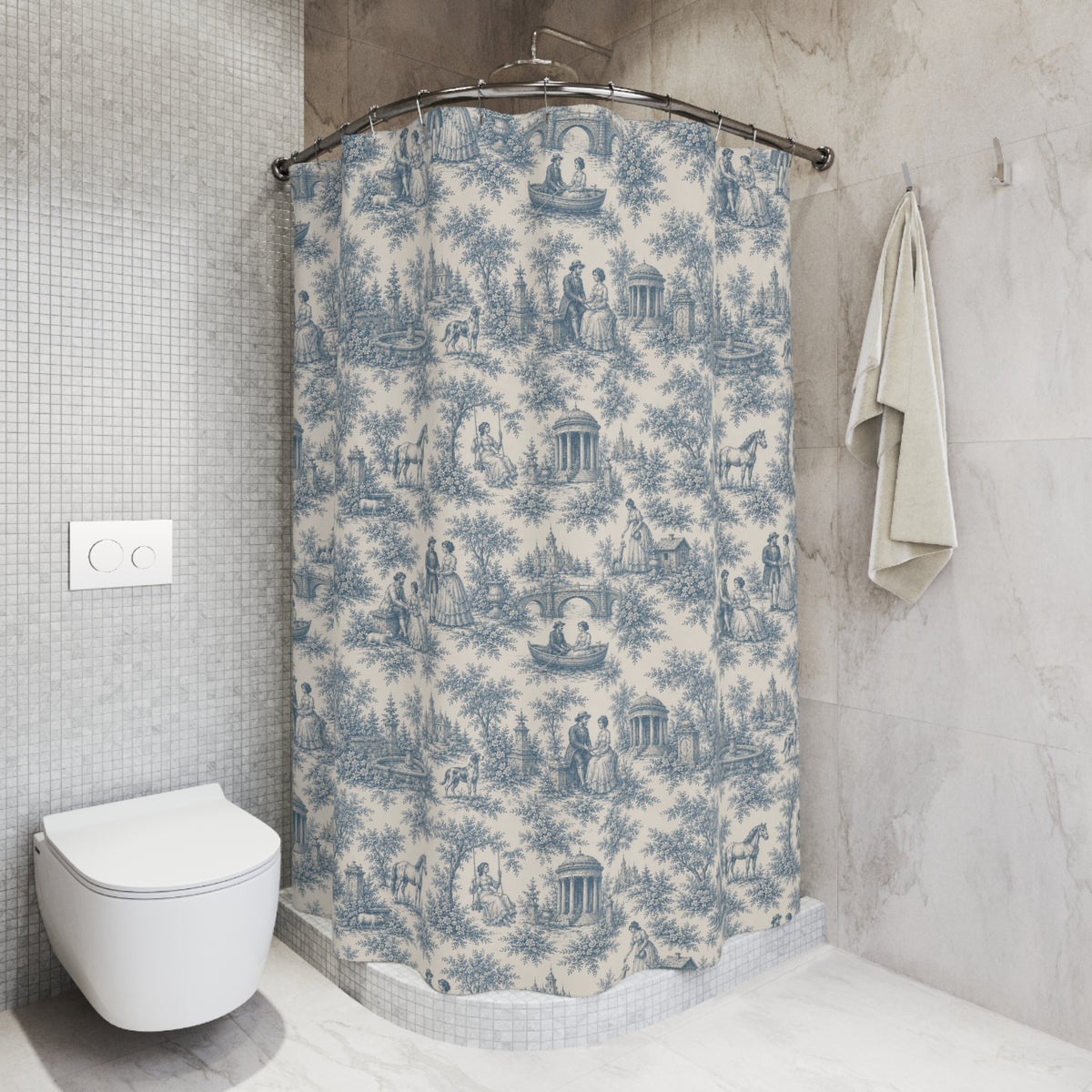 Dusty Blue French Toile Shower Curtain – Chateaucore French Country Bathroom Decor – Romantic Blue Bath Curtain