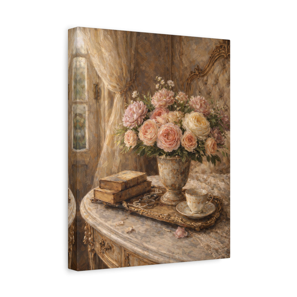French Country Books Roses Canvas Wall Art Print, Chateaucore Floral Wall Hanging Decor, Victorian Romantic Home Decor, Gift Mom Grandma