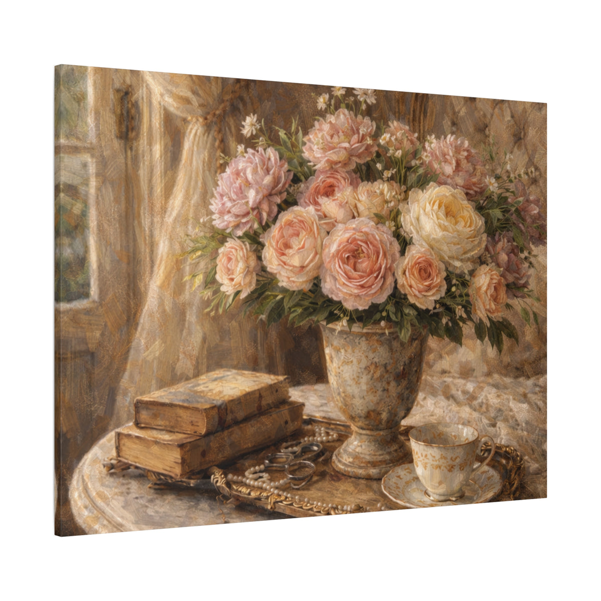 French Country Books Roses Canvas Wall Art Print, Chateaucore Floral Wall Hanging Decor, Victorian Romantic Home Decor, Gift Mom Grandma