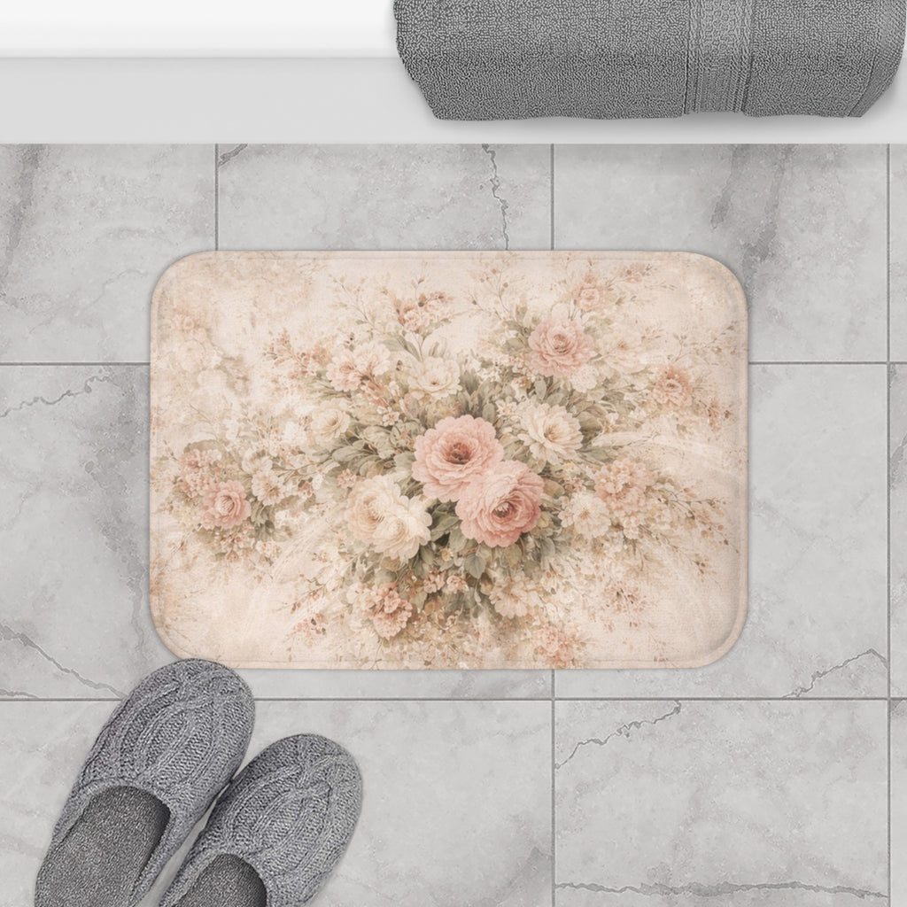 Blush Rose Bathroom 5-Piece Bundle Floral Shower Curtain, Memory Foam Bathmat Matching Towels, Romantic French Country Chateaucore Decor