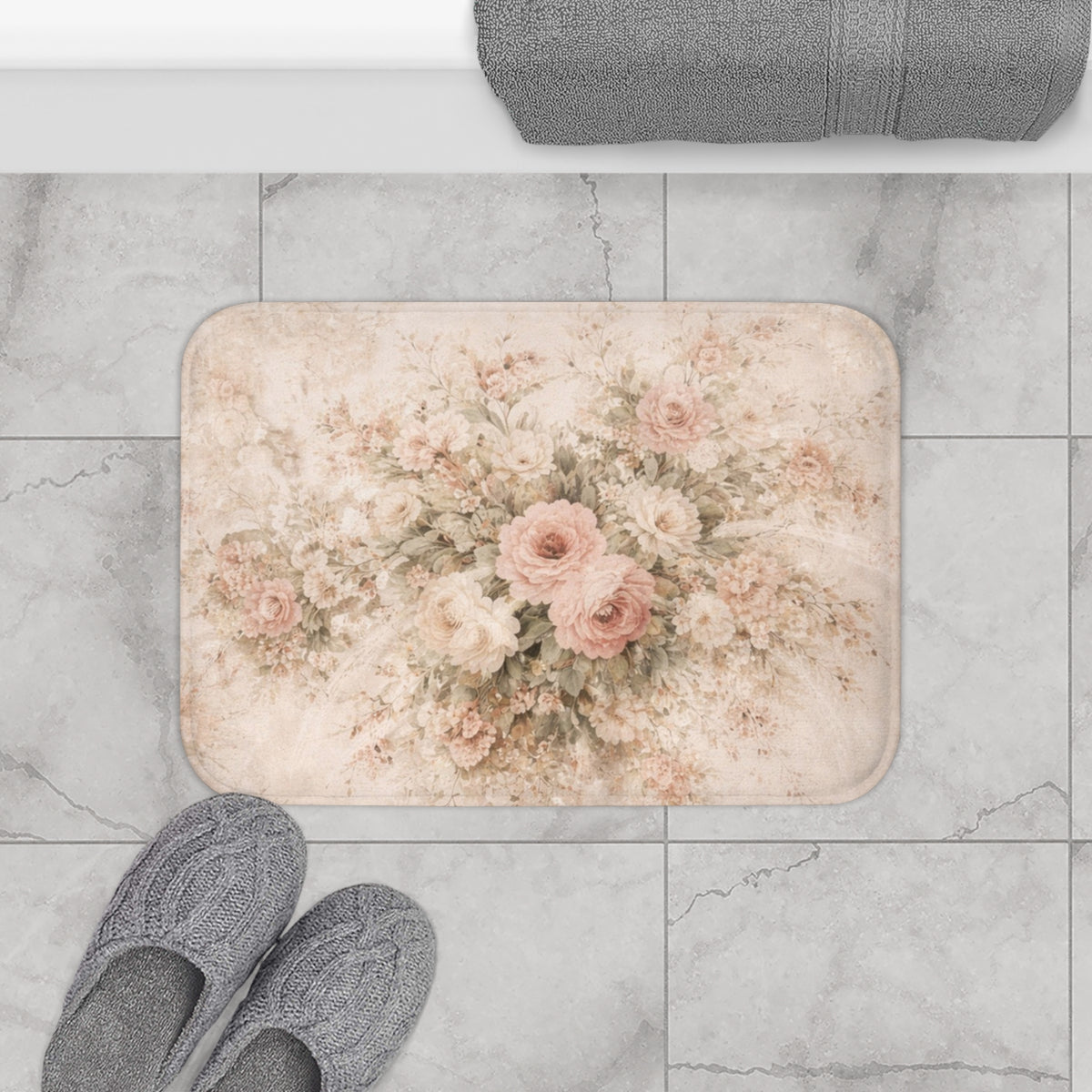 Blush Rose Bathroom 5-Piece Bundle Floral Shower Curtain, Memory Foam Bathmat Matching Towels, Romantic French Country Chateaucore Decor
