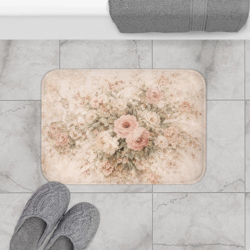 Blush Rose Bathroom 5-Piece Bundle Floral Shower Curtain, Memory Foam Bathmat Matching Towels, Romantic French Country Chateaucore Decor
